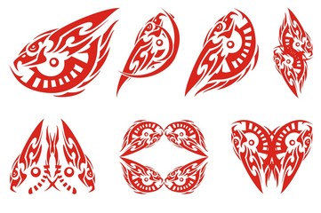 Flaming eagle in the form of an eye and symbols from it. Stylization of an eagle in the form of an eye - ornate set for your design