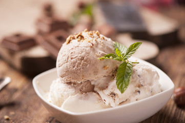 Fresh Chocolate ice cream on a plate close up