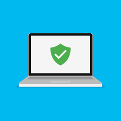 Green shield icon with checkmark on computer screen. Web security modern vector illustration.