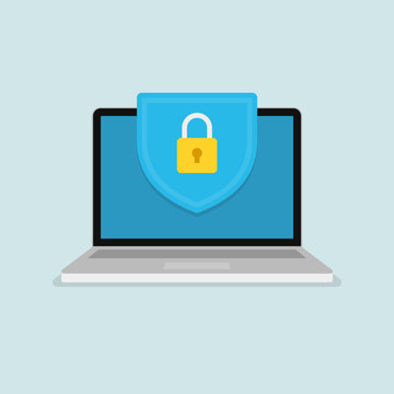 Badge with padlock icon on computer screen. Web security modern flat vector illustration.