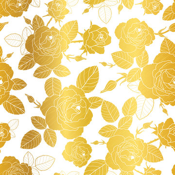 Vector gold and white roses and leaves drawing seamless repeat pattern background. Great for subtle, botanical, modern backgrounds, fabric, scrapbooking, packaging, invitations.