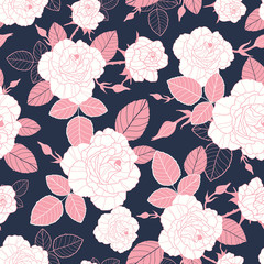 Vector vintage pink and white roses and leaves on dark, navy background seamless repeat pattern. Great for retro fabric, wallpaper, scrapbooking projects.