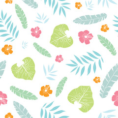Vector fun tropical summer hawaiian seamless pattern with tropical plants, leaves, and hibiscus flowers on white background. Great for vacation themed fabric, wallpaper, packaging.