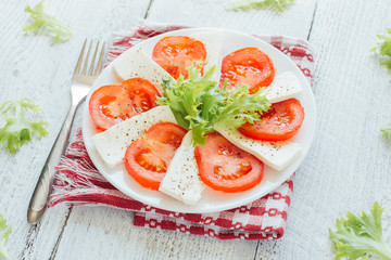 Feta cheese slices with tomato on white plate