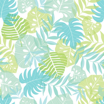 Fototapeta Wektor lekkich tropikalnych liści lato hawajski wzór z tropikalnych zielonych roślin i liści na granatowym tle. Idealne na wakacje tematyczne tkaniny, tapety, opakowania.