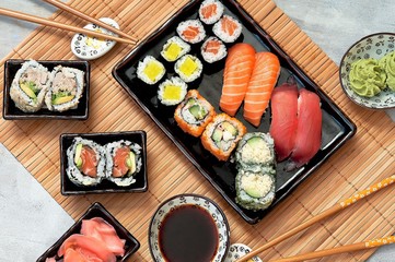 Japanese sushi set - Various Maki sushi roll and nigiri sushi. Japanese food