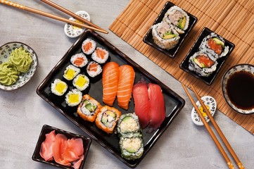 Japanese sushi set - Various Maki sushi roll and nigiri sushi. Japanese food