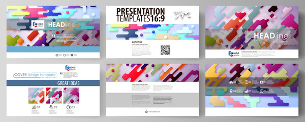 Business templates in HD format for presentation slides. Abstract vector design layouts. Bright color lines and dots, colorful minimalist backdrop, geometric shapes, beautiful minimalistic background.