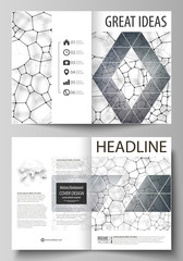 Fototapeta premium Business templates for bi fold brochure, flyer. Cover design template, vector layout in A4 size. Chemistry pattern, molecular texture, polygonal molecule structure, cell. Medicine microbiology concept