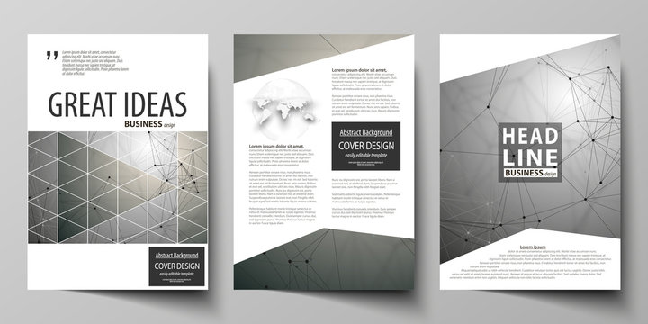 Business templates for brochure, magazine, flyer, booklet. Cover design template, flat layout in A4 size. Chemistry pattern, molecule structure on gray background. Science and technology concept.