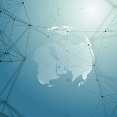 World globe on blue background. Global network connections, abstract geometric design, technology digital concept. Chemistry pattern, molecule structure, connecting lines and dots.