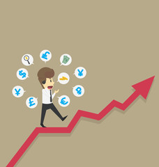 Obraz premium Businessman walks on graphs, income growth investment currency symbol.,Business cartoon concept character.Vector Illustration