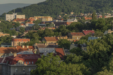 Fototapeta na wymiar Sunrise in Usti nad Labem city with bridge and buildings