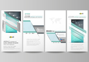 The minimalistic abstract vector illustration of the editable layout of four modern vertical banners, flyers design business templates. Futuristic high tech background, dig data technology concept.