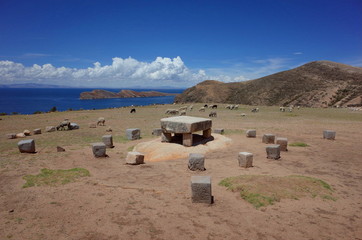 The sacrificial altar at the Chincana Ruins on the Isla del Sol on Lake Titicaca