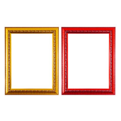 Golden and red wood frames on white background.