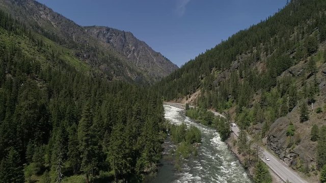 Washington State Road Trip Aerial of Wenatchee River and Highway 2 in Tumwater Canyon