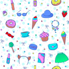 Seamless pattern with sweets and girls accessories: clothes, cosmetics,  jewelry, secret diary, etc. Vector illustration.