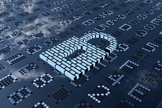 Sicherheit im Netz. 3D gerenderte Matrix in blau-grau mit einem liegenden Buegelschloss. Das Schloss ist mit Mauersteinen aufgebaut.