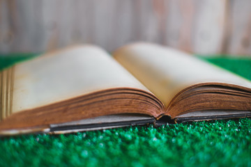 Old opened book on the plastic artificial green grass