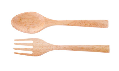 wooden spoon and fork isolated on white background