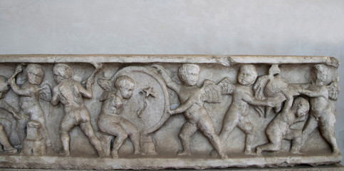 A funerary slab in the baths of Diocletian in Rome. Italy