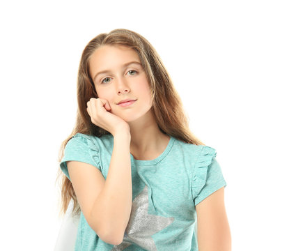 Cute teenager girl on white background