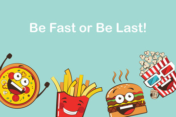 set of funny fast food icons. Cartoon face food emoji. Funny food concept.