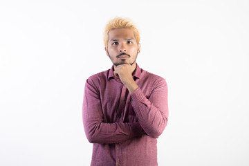 portrait of handsome hipster beard man standing isolated on white background.