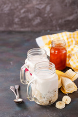Healthy breakfast - porridge and yogurt in a jar. Selective focus. Copy space