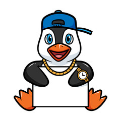 Cartoon Penguin Holding Blank Sign Vector Illustration