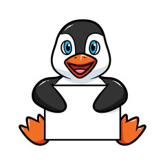 Cartoon Penguin Holding Blank Sign Vector Illustration