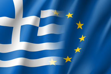 Symbol of Greece is EU member. European Union sign with twelve gold stars on blue and Greece national flag. Vector isolated icon