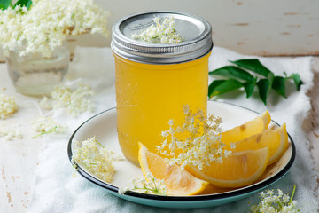 elderflower cordial in glass jar .style vintage