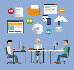 color background with web developer group men in desk programming language