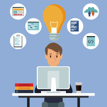 color background man in desk with tech computer and icons programming language and light bulb solution