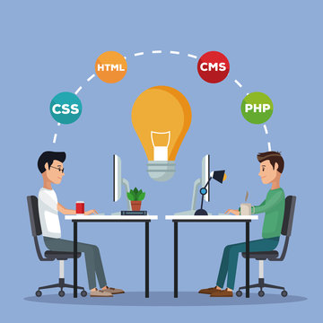 color background men worker in desk with computer programming language