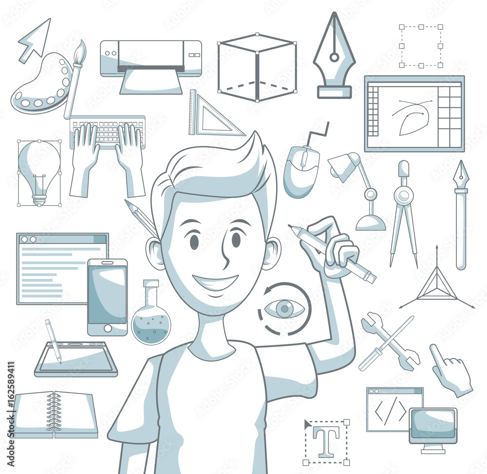 Poster white background with silhouette color sections shading of guy with pencil and elements graphic desi