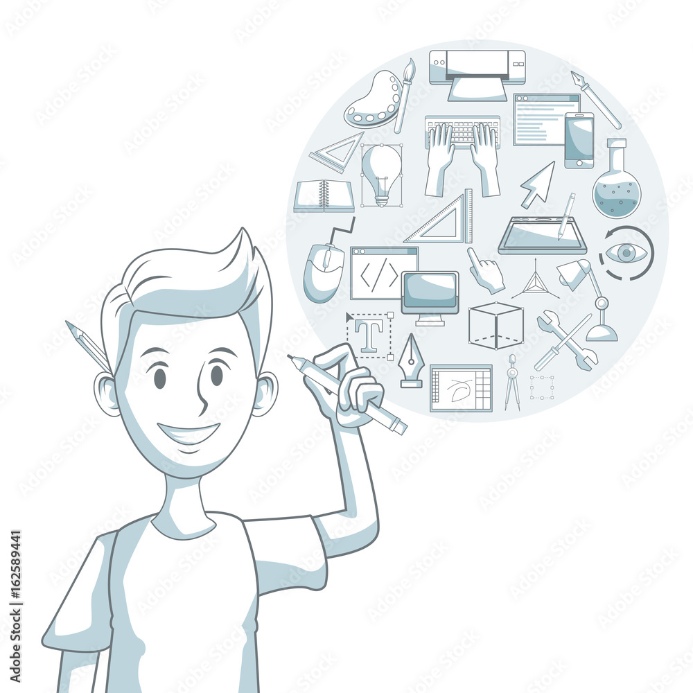 Poster white background with silhouette color sections shading of guy designer with elements graphic design