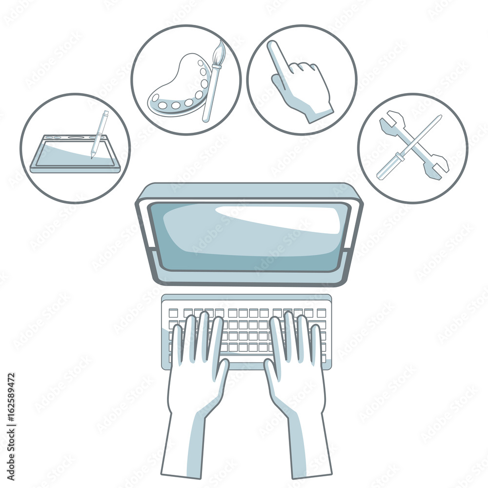 Poster white background with silhouette color sections shading of human hands typing on desk computer with 