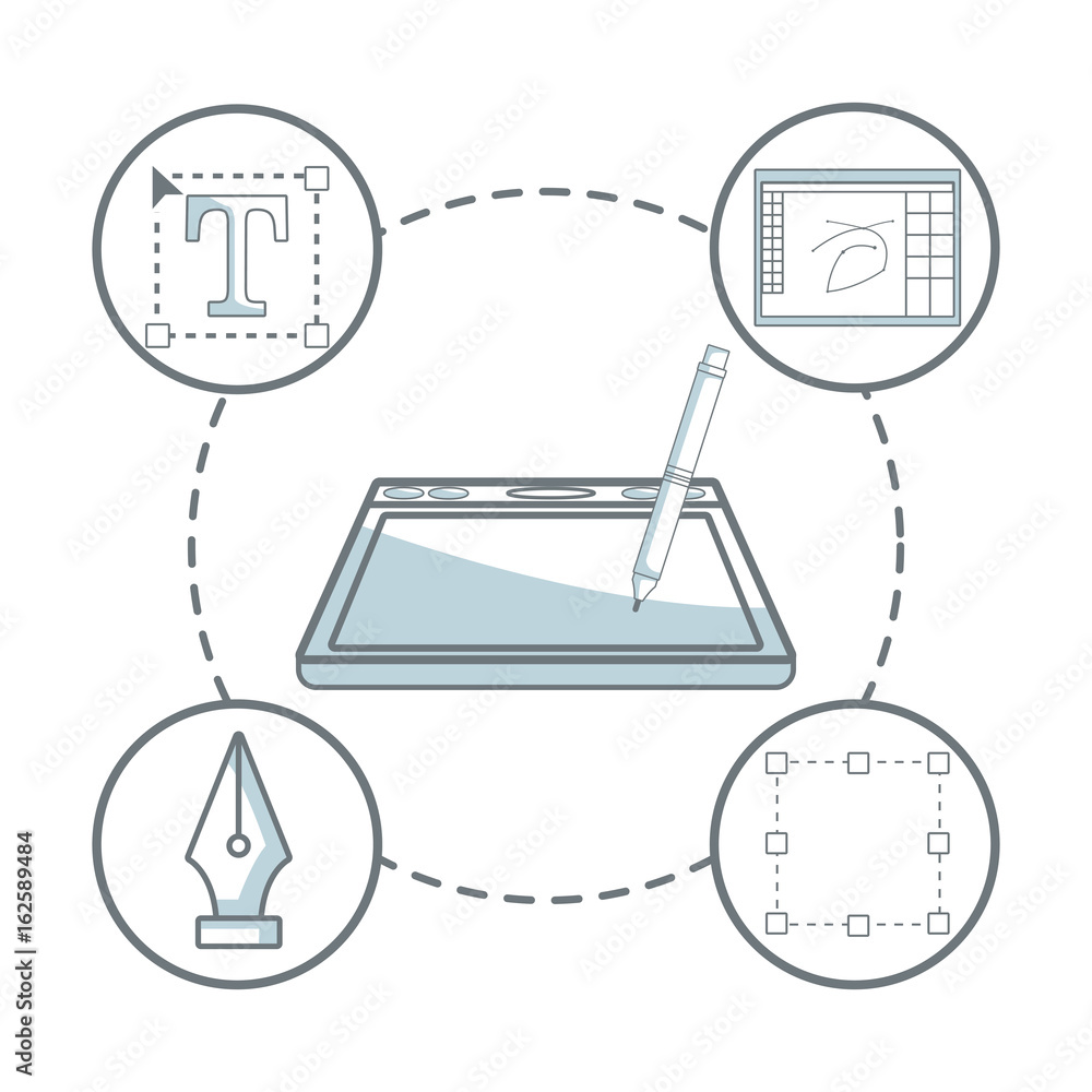 Poster white background with silhouette color sections shading of digitizer with pen and icons graphic desi