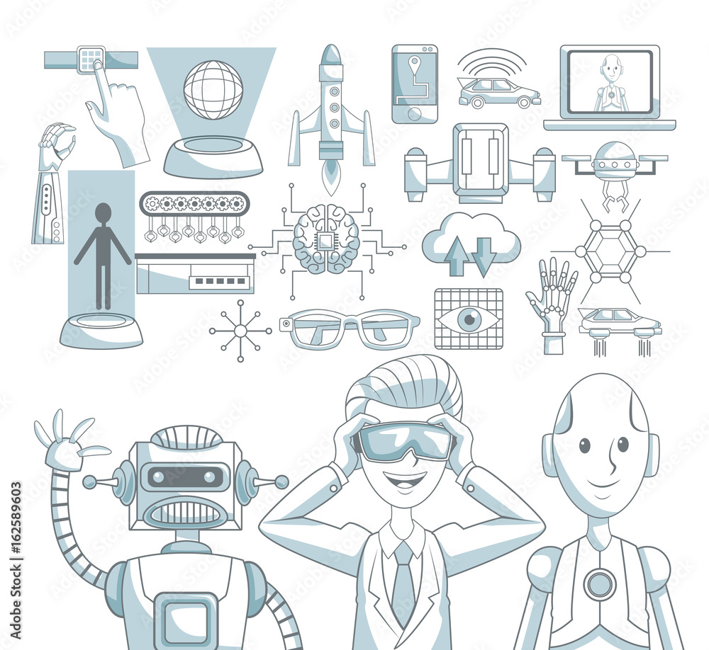 Poster white background with silhouette color sections shading of set elements futuristic