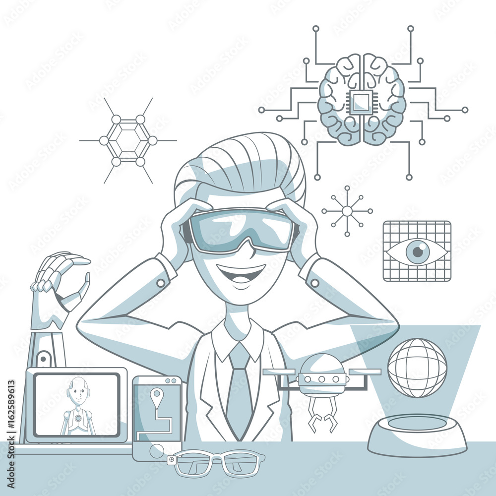 Poster scene silhouette color sections shading of man with virtual reality glasses and icon elements futuri