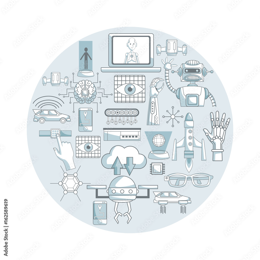 Poster white background with silhouette color sections shading of set elements futuristic in circular frame