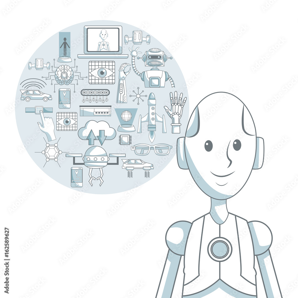 Poster white background with silhouette color sections shading of closeup robot and set elements futuristic