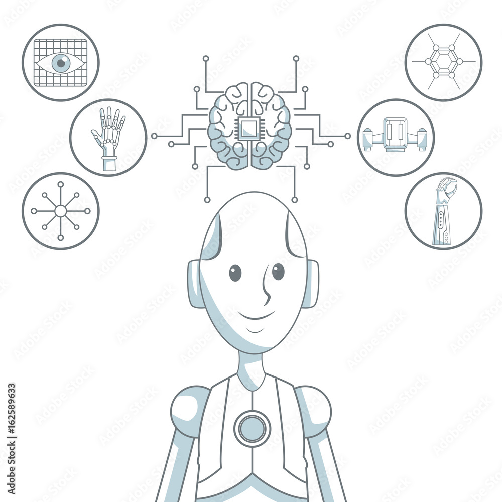 Poster white background with silhouette color sections shading of closeup robot and set icons tech futurist
