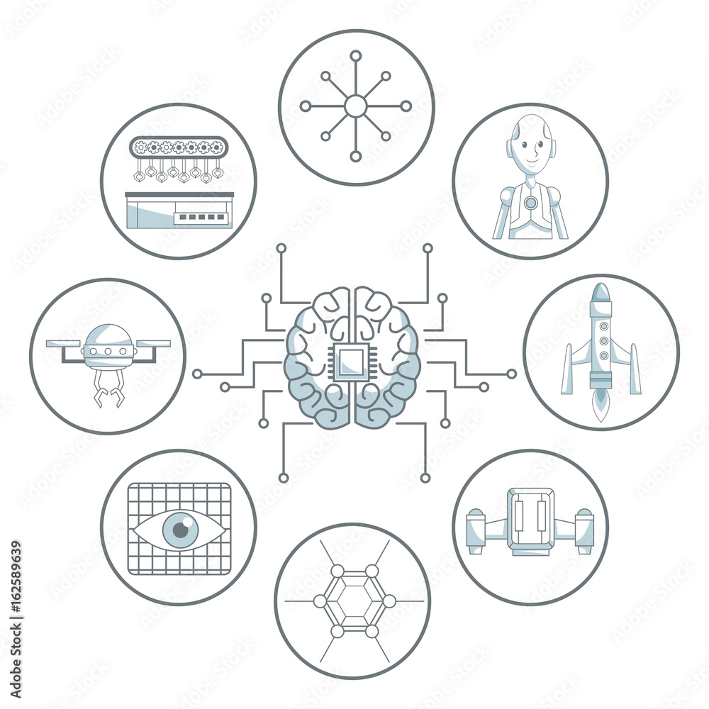 Poster white background with silhouette color sections shading of brain with circuits and set icons tech fu
