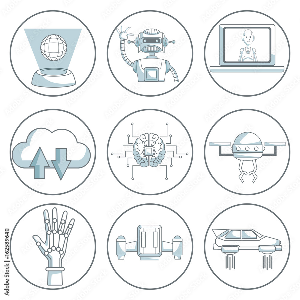 Poster scene silhouette color sections shading of set collection icons tech futuristic objects