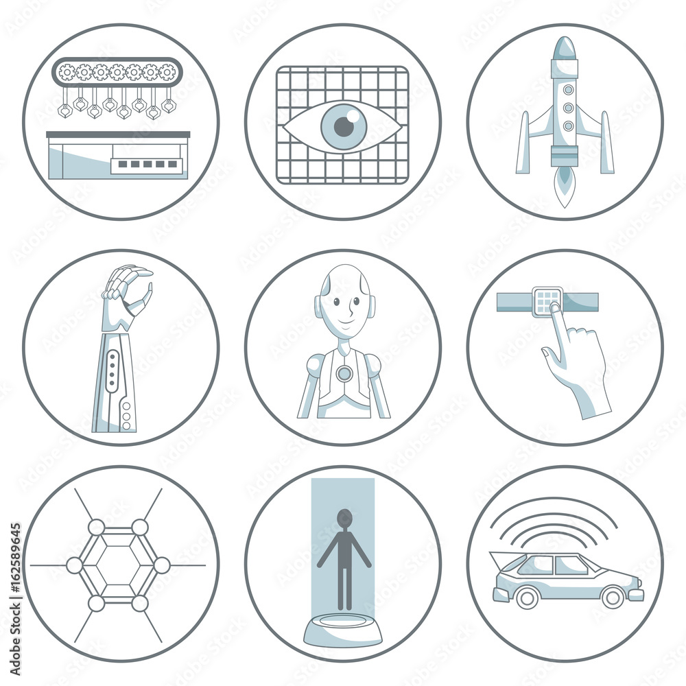 Poster scene silhouette color sections shading of set collection icons tech futuristic elements