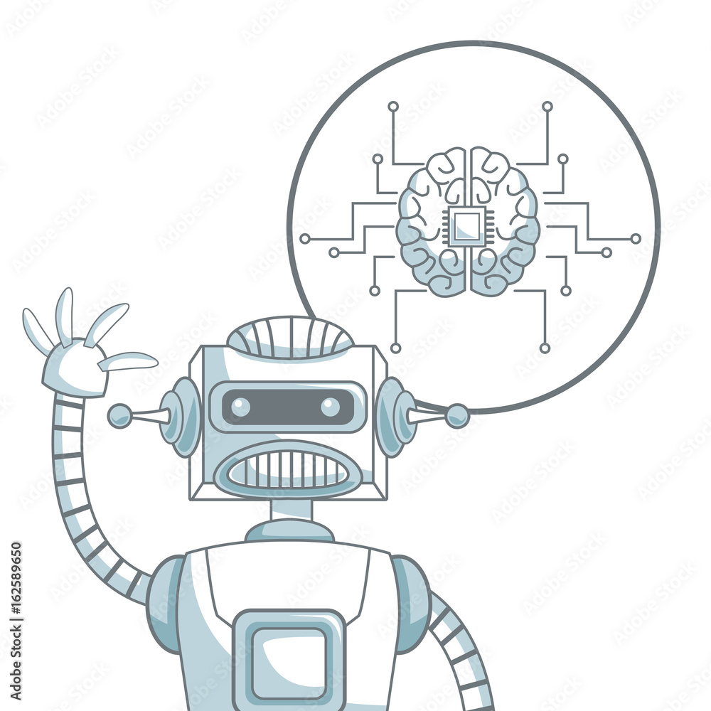 Poster white background with silhouette color sections shading of closeup robot and icon brain with circuit